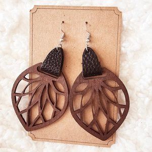 5/$25 Laser Engraved Wooden Leaf Design with Black Leather Earrings